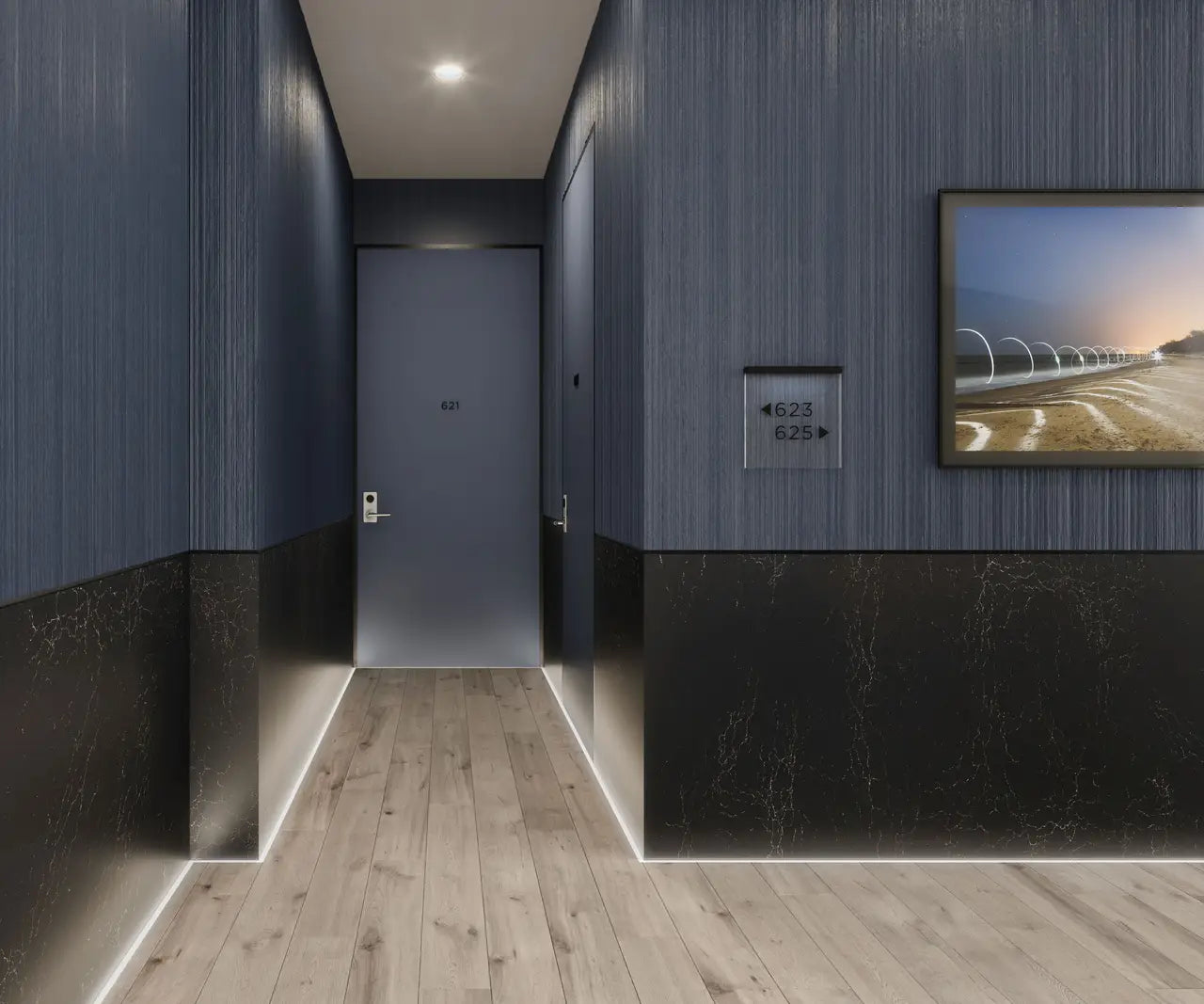 Mammoth Cave stone wall cladding with dark veined finish in modern hallway — custom countertops fabricated and installed by Signature Stone LV
