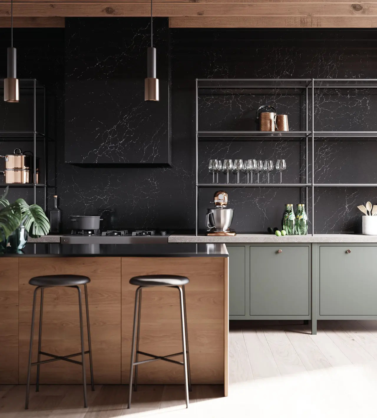 Mammoth Cave quartz kitchen island and countertops with dark veined finish — premium stone countertops installed by Signature Stone Las Vegas