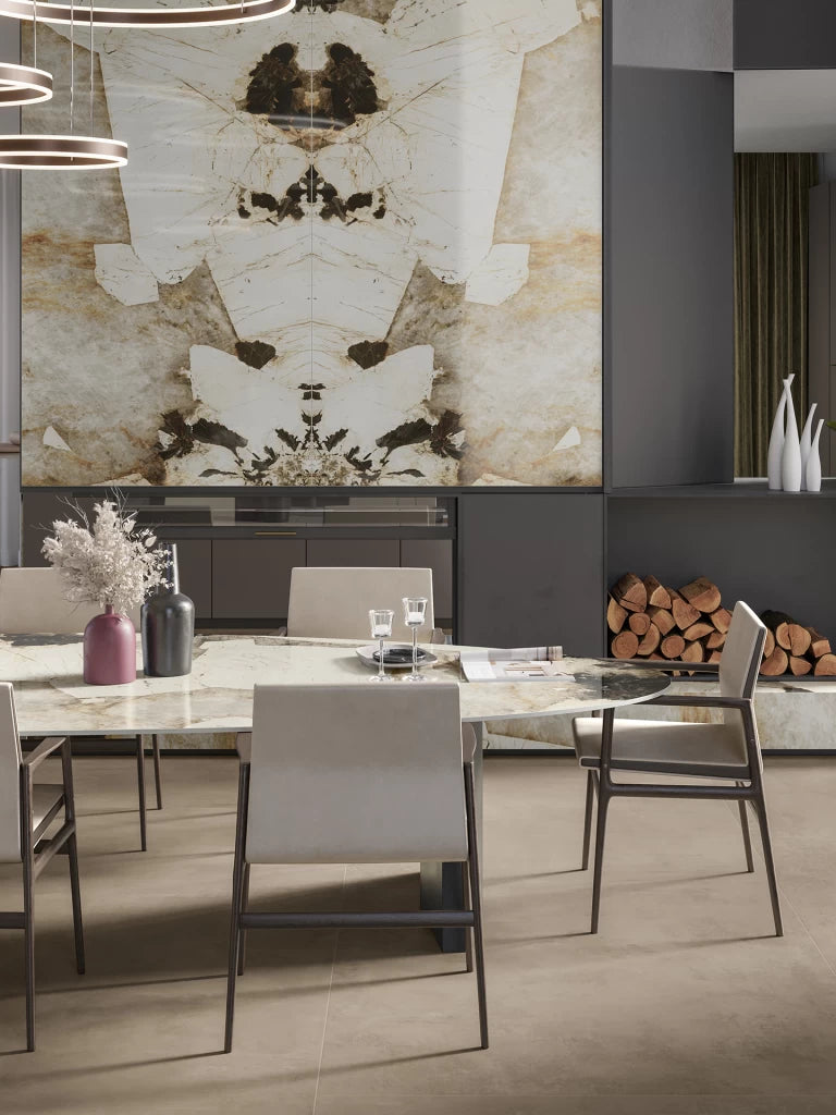 Desert Soul marble dining table with cream and brown veining in modern kitchen — expert countertop fabrication by Signature Stone Las Vegas