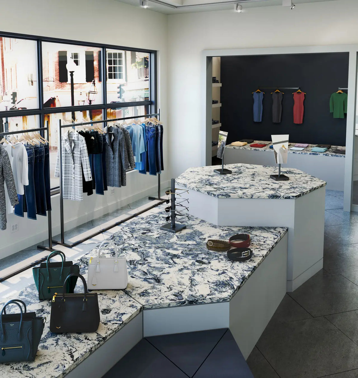 Mayfair quartz retail display surfaces with dramatic blue and white veining — custom countertops fabricated and installed by Signature Stone LV