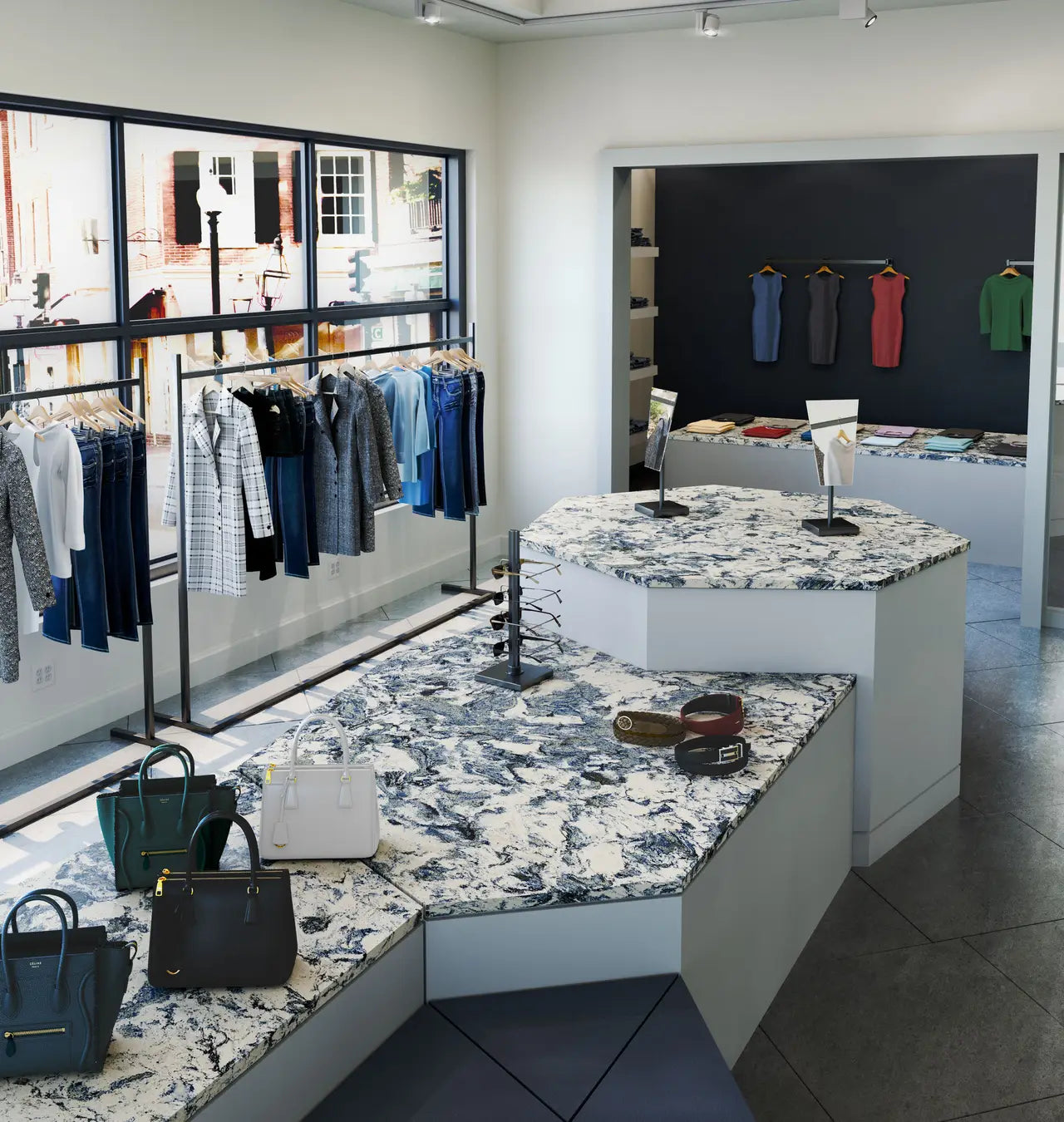 Mayfair quartz retail display surfaces with dramatic blue and white veining — custom countertops fabricated and installed by Signature Stone LV