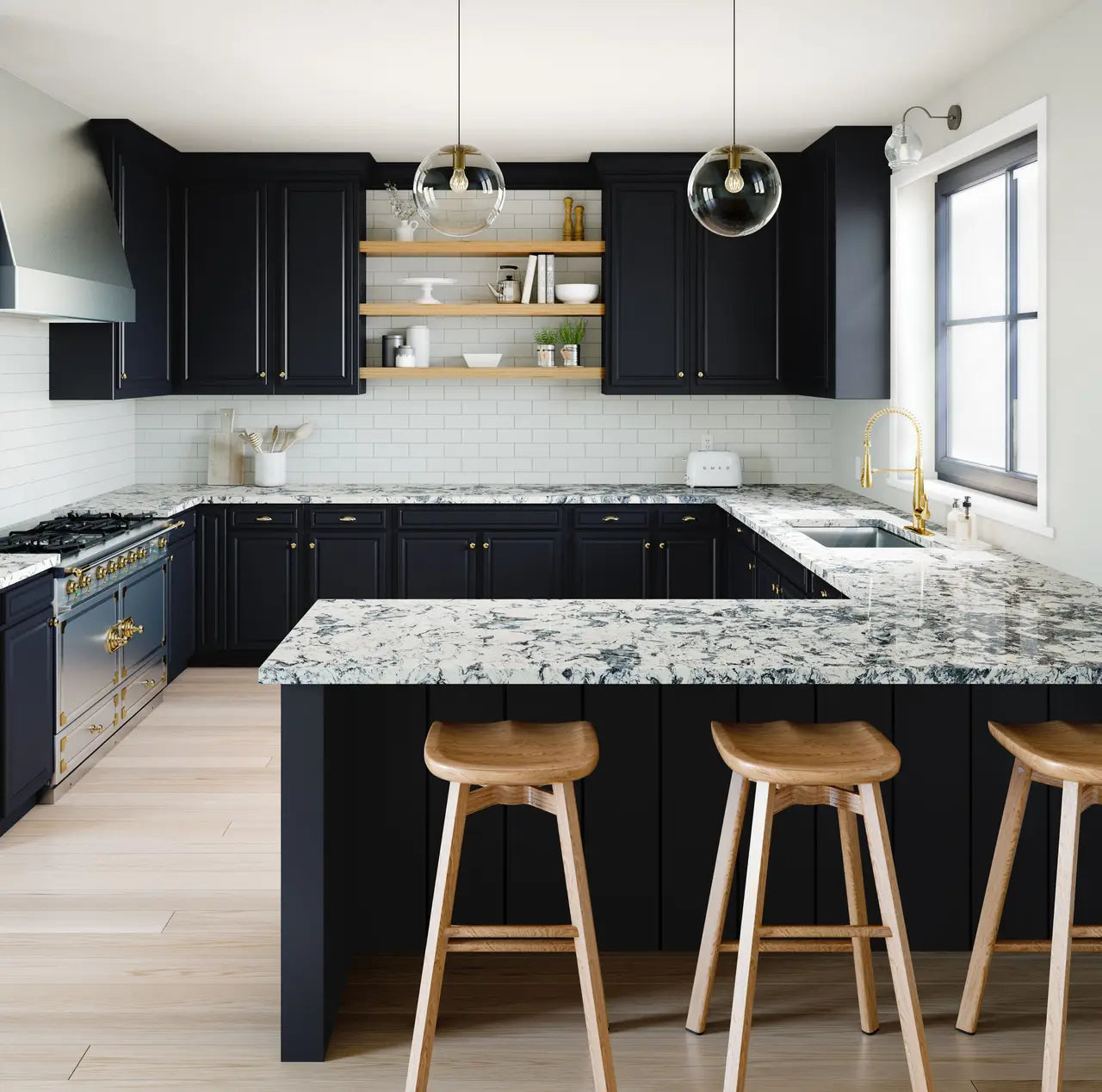 Quartz kitchen island and perimeter countertops with white and gray veining in modern black cabinet kitchen — custom countertops fabricated and installed by ...