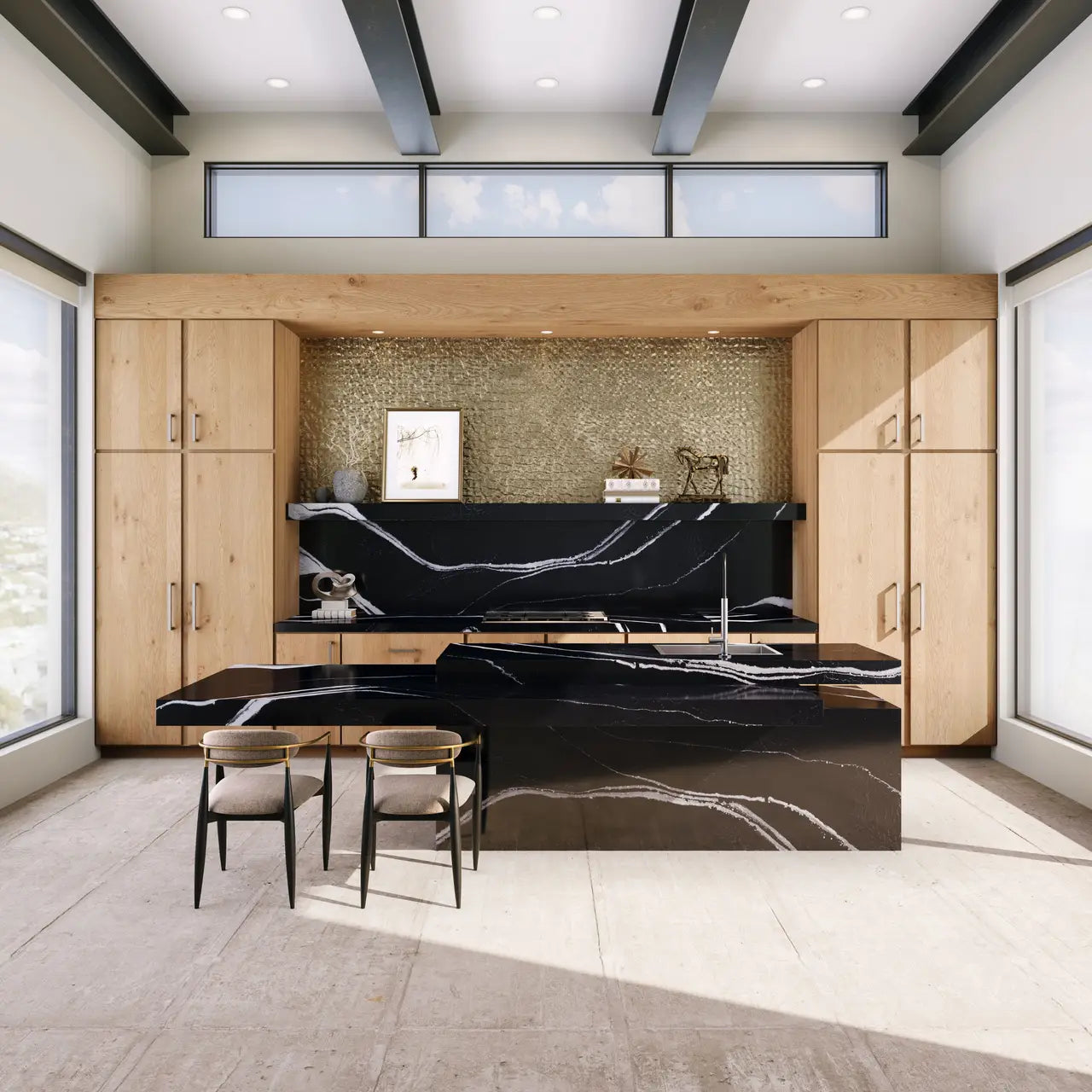 Mersey marble kitchen island with dramatic black veining and waterfall edges — expert countertop fabrication by Signature Stone Las Vegas