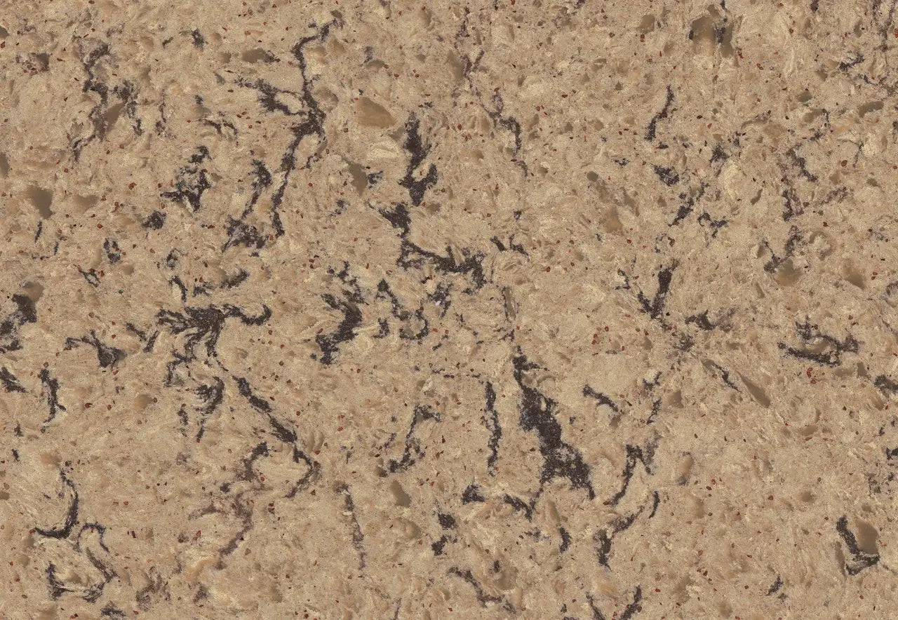 Newhaven quartz surface with warm beige background and dark gray veining throughout — custom countertops fabricated and installed by Signature Stone LV