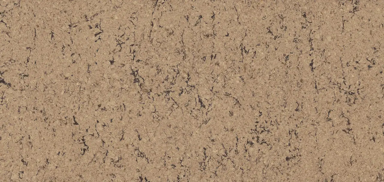 Newhaven quartz slab with warm beige base and subtle dark veining throughout — premium stone countertops installed by Signature Stone Las Vegas