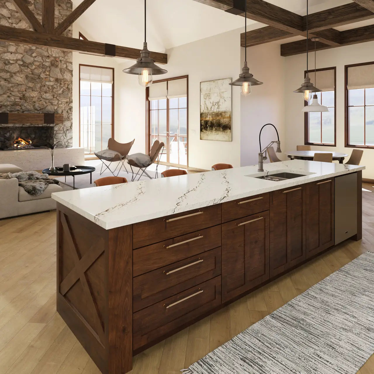Quartz kitchen island with white marble-look veining and waterfall edge — elegant stone countertops installed by Signature Stone Las Vegas