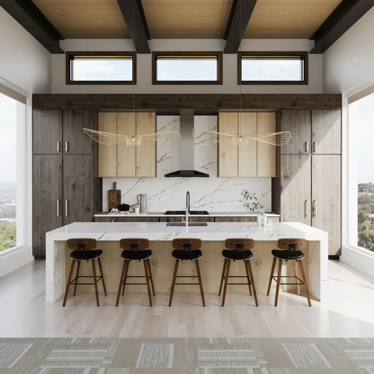 Quartz kitchen island and perimeter countertops with white marble veining and waterfall edge — premium stone countertops installed by Signature Stone Las Vegas
