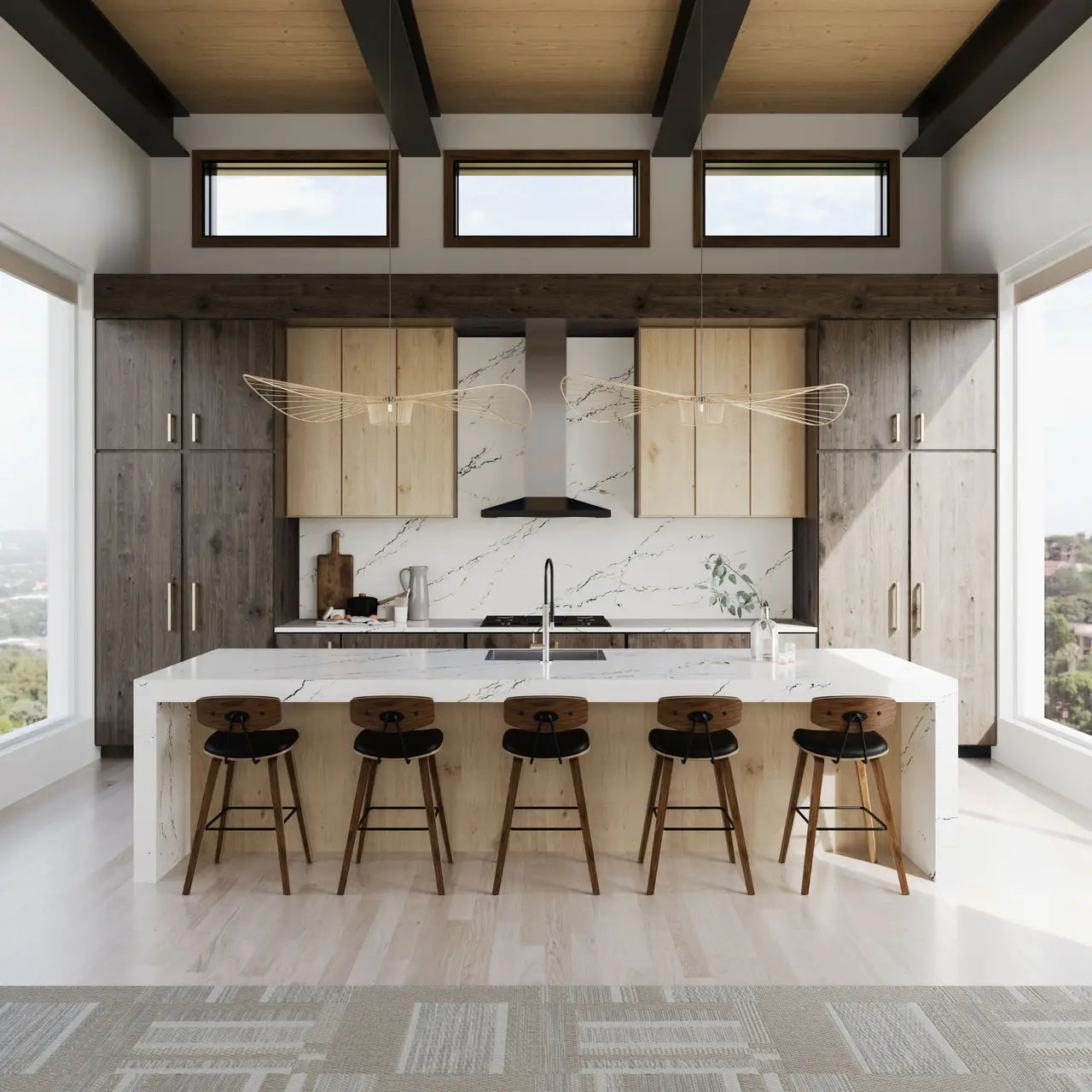 Quartz kitchen island and perimeter countertops with white marble veining and waterfall edge — premium stone countertops installed by Signature Stone Las Vegas