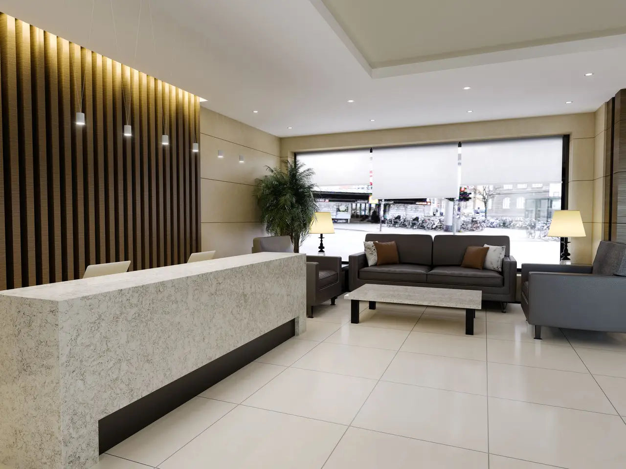 Quartz reception desk with white speckled finish in modern lobby — professional countertop fabrication by Signature Stone Las Vegas