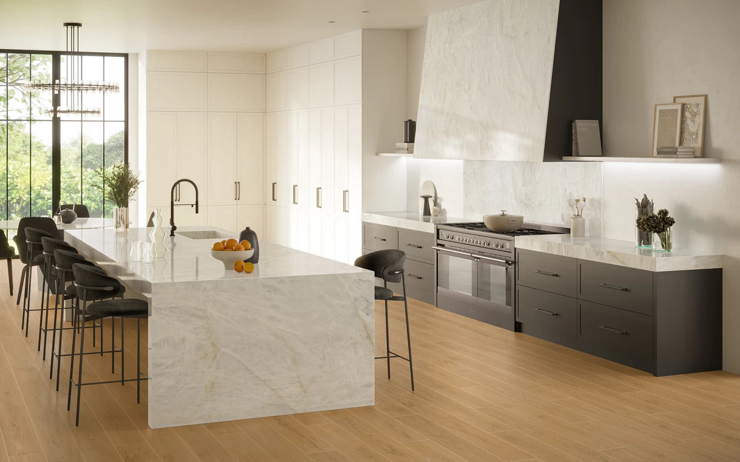 Crystal White quartz kitchen island and perimeter countertops with polished finish and waterfall edge — premium stone countertops installed by Signature Ston...