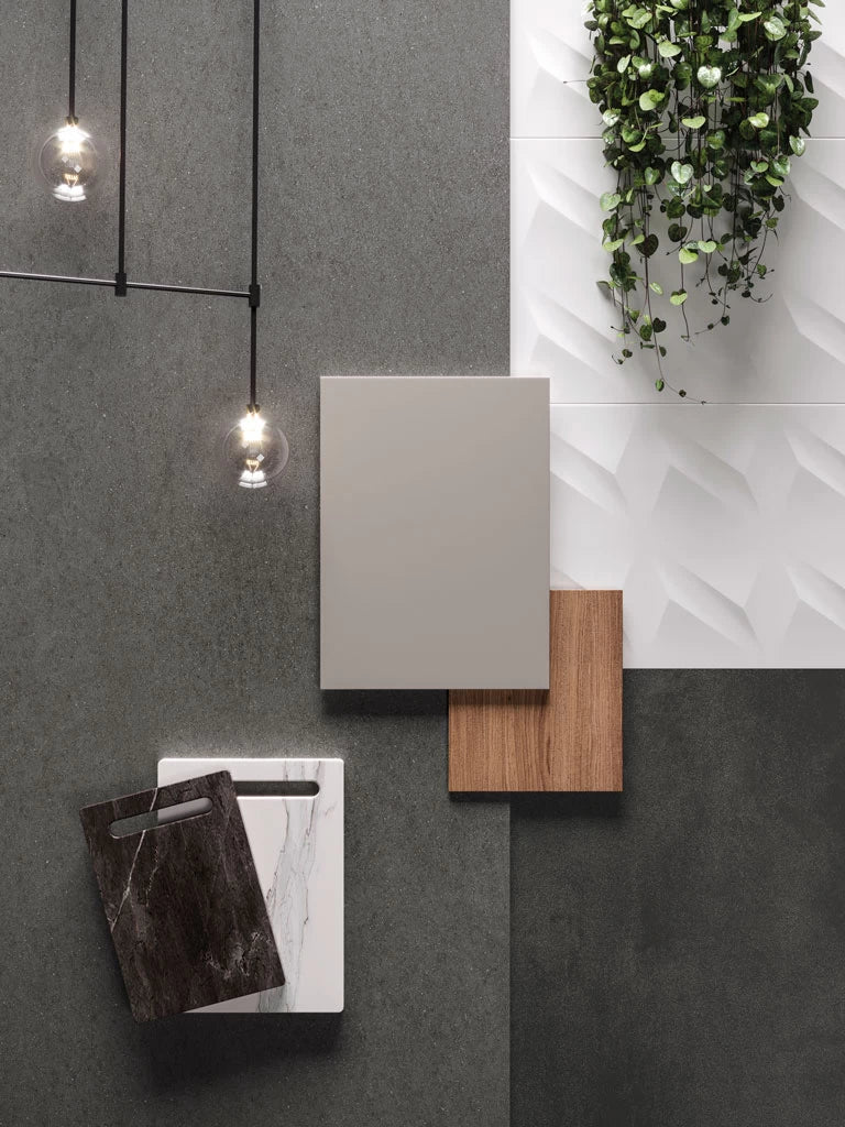Basaltina Volcano stone samples with dark gray textured finish and modern design elements — premium stone countertops installed by Signature Stone Las Vegas