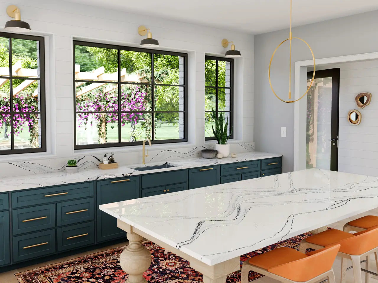 Portrush quartz kitchen island and perimeter countertops with white marble veining and polished finish — premium stone countertops installed by Signature Sto...