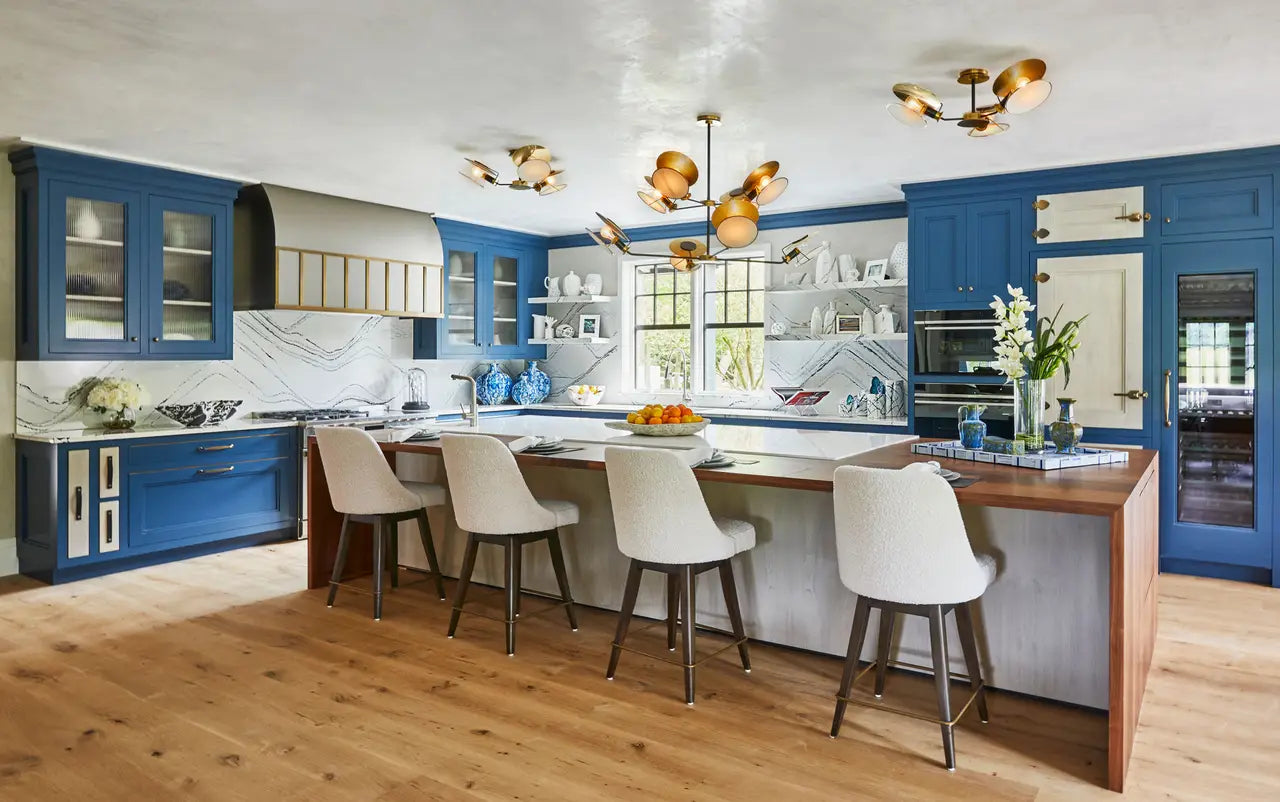 Portrush quartz kitchen countertops with white veining and waterfall edge — expert countertop fabrication by Signature Stone Las Vegas