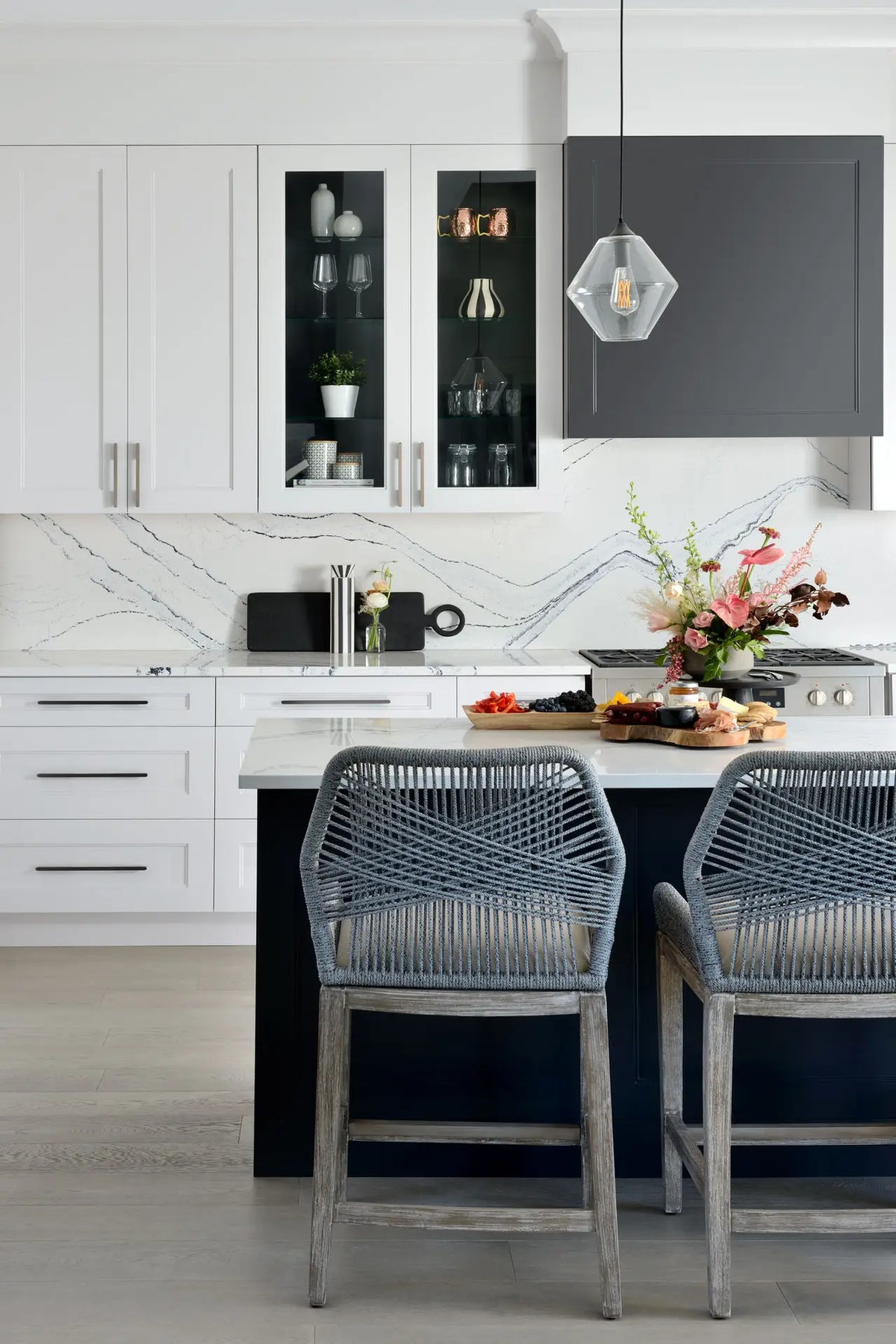 Portrush quartz kitchen island with white veined pattern and polished finish — premium stone countertops installed by Signature Stone Las Vegas