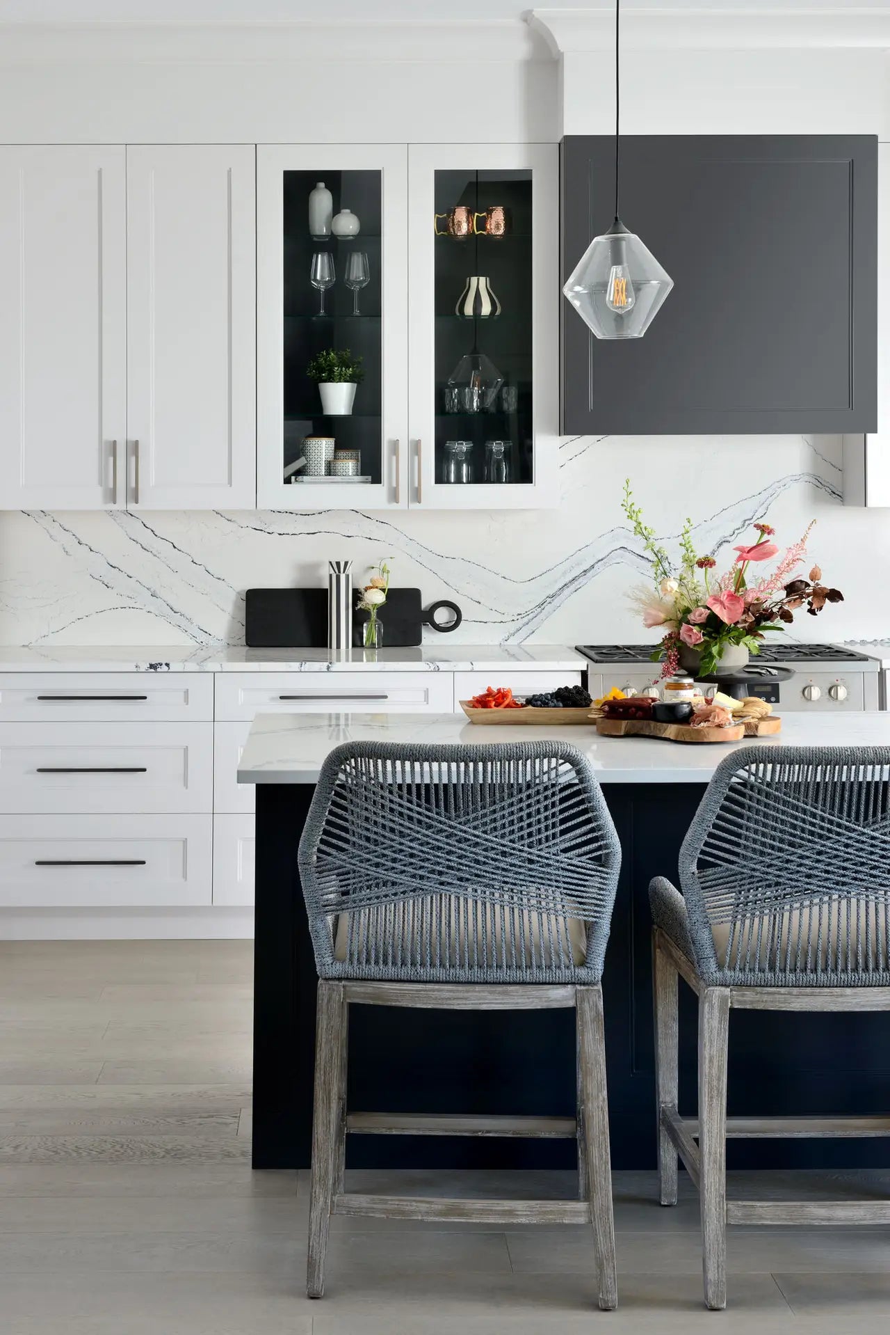 Portrush quartz kitchen island with white veined pattern and polished finish — premium stone countertops installed by Signature Stone Las Vegas