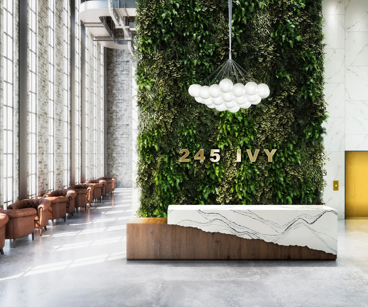 Quartz reception desk with white marble veining and live edge detail — premium countertop fabrication by Signature Stone Las Vegas