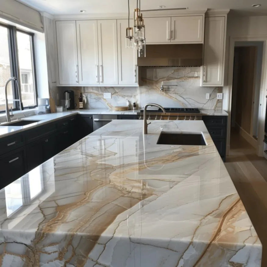 Dekton kitchen island with dramatic white and gold veining, polished finish — premium dekton kitchen countertops by Signature Stone Las Vegas