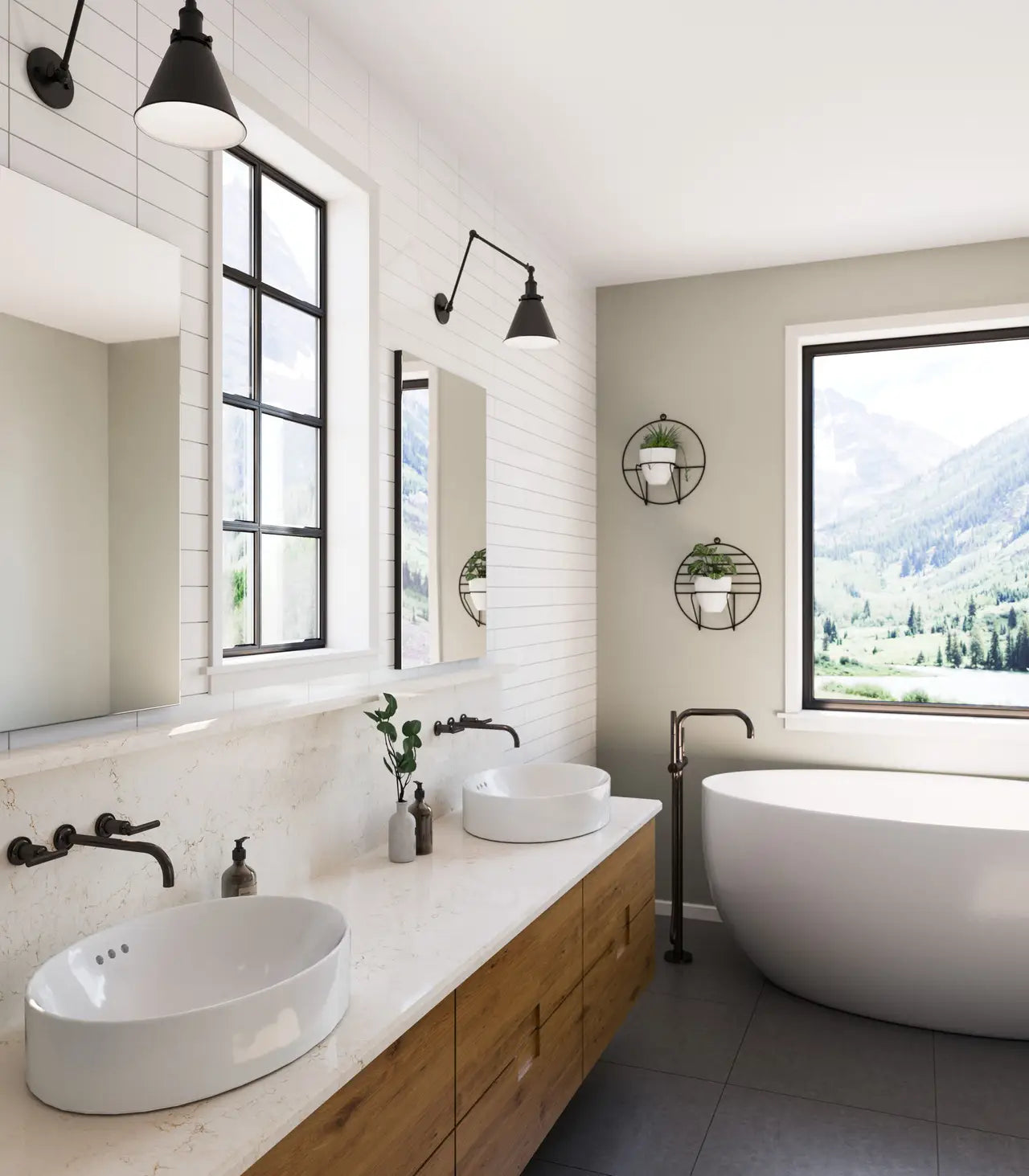 Quartz bathroom vanity countertops with white marble veining and vessel sinks — premium stone countertops installed by Signature Stone Las Vegas