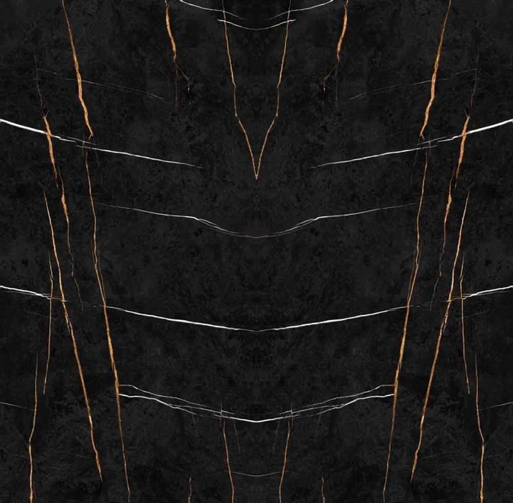 Sahara Noir marble surface with dramatic black base and bold gold veining in polished finish — custom countertops fabricated and installed by Signature Stone LV