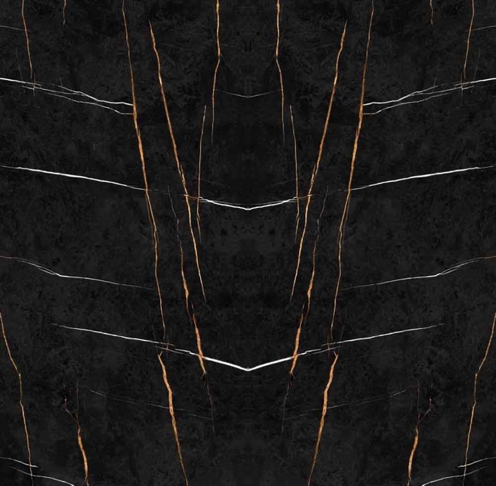 Sahara Noir marble surface with dramatic black base and bold gold veining — premium countertop fabrication by Signature Stone Las Vegas