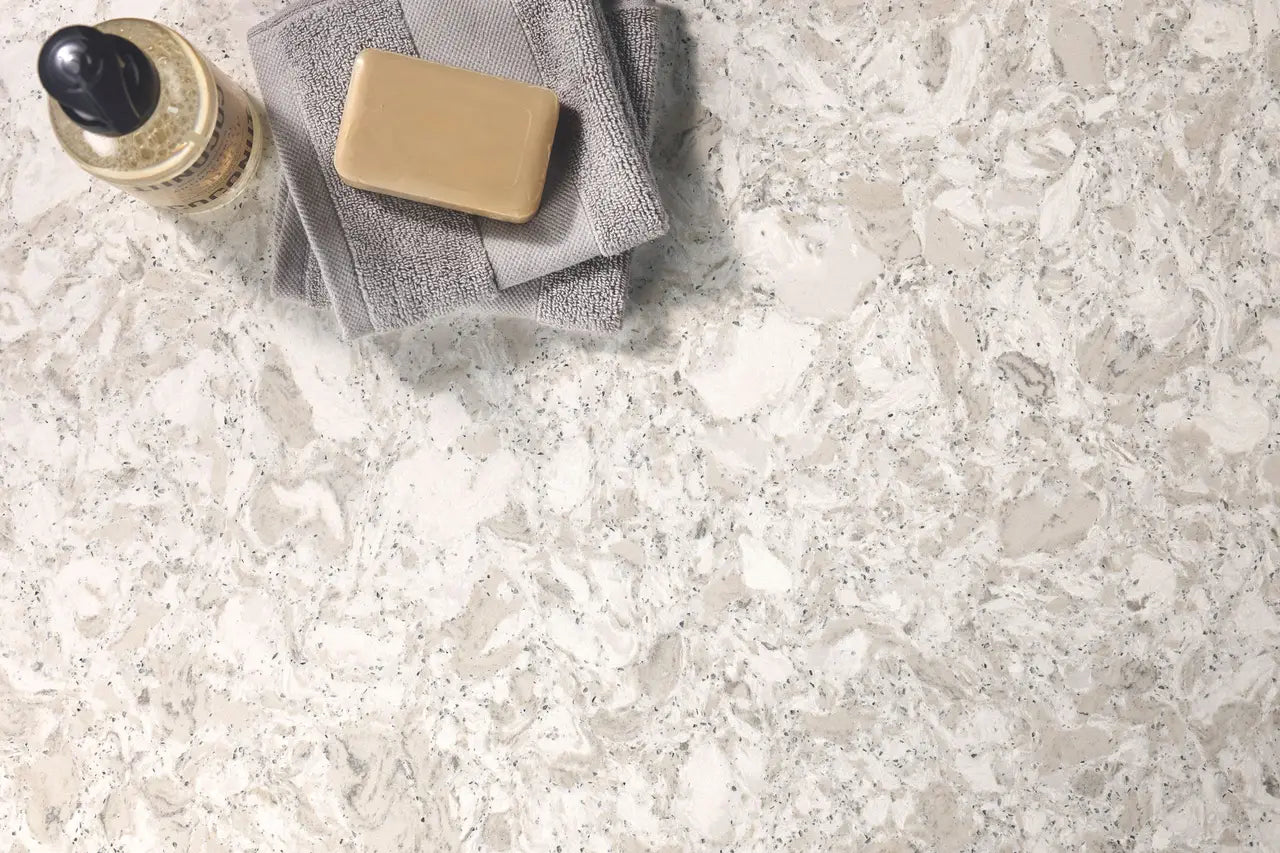 Sandgate quartz countertop surface with neutral beige tones and speckled pattern — premium countertop fabrication by Signature Stone Las Vegas