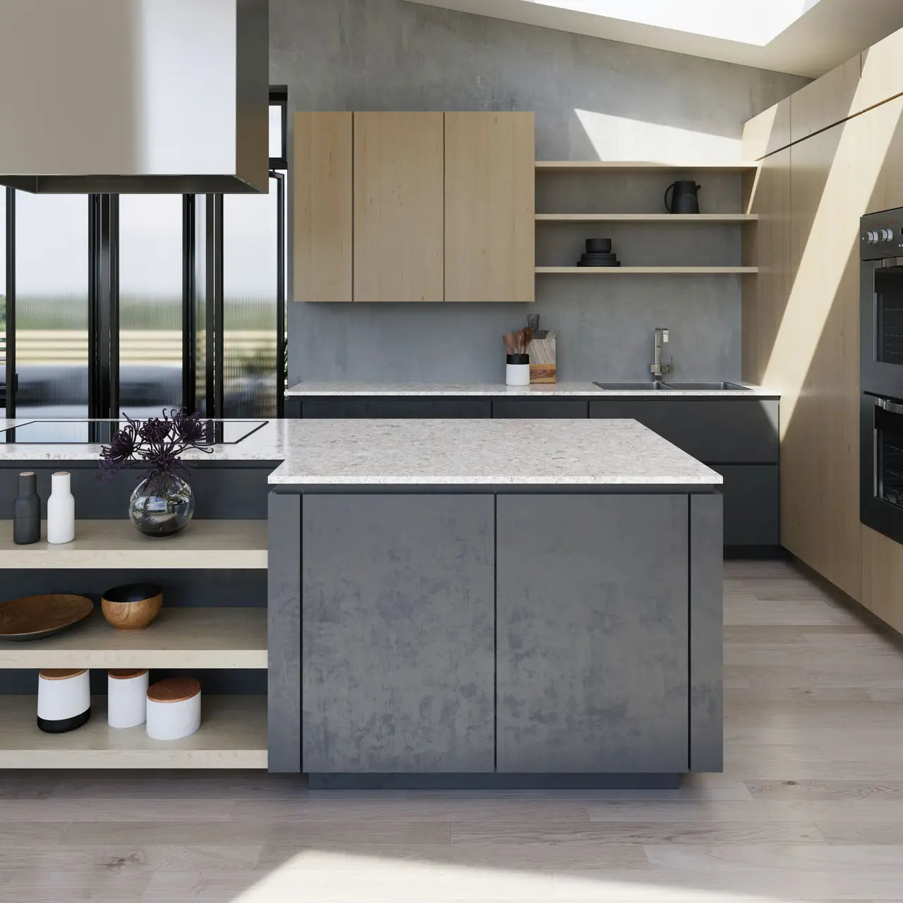 Sandgate quartz kitchen island and perimeter countertops with light gray marbled finish — premium stone countertops installed by Signature Stone Las Vegas