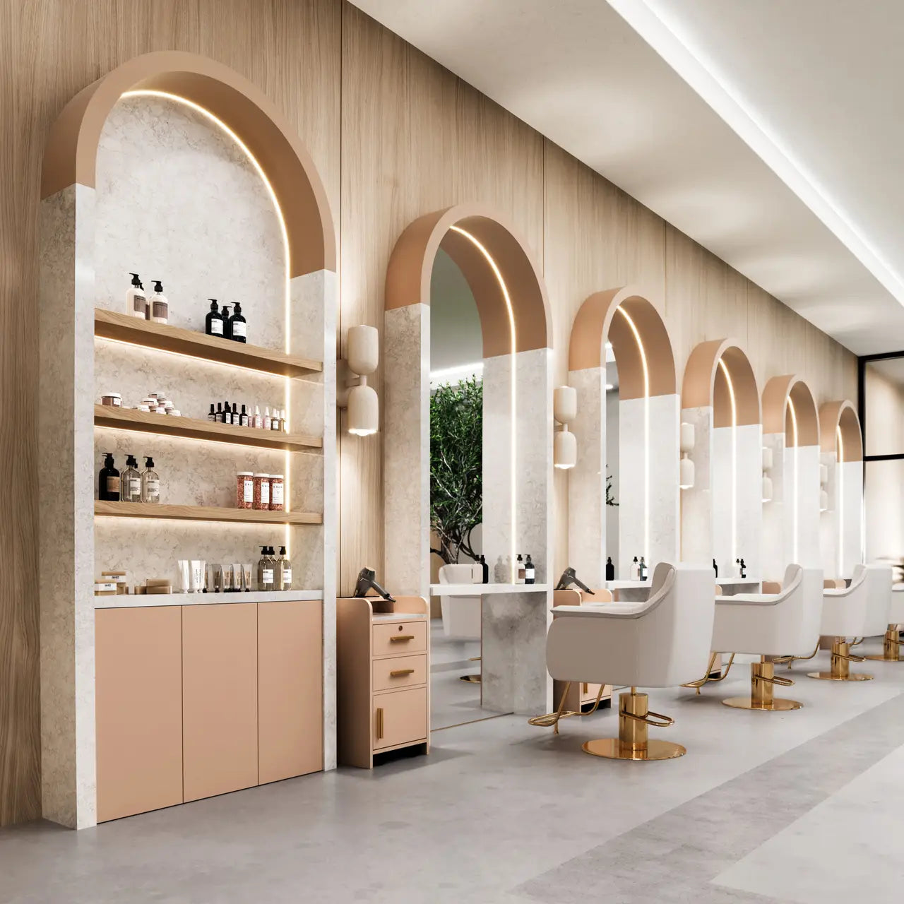 White marble salon stations with warm wood accents and arched mirrors — custom countertops fabricated and installed by Signature Stone LV