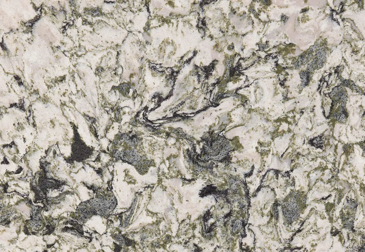Sherwood granite slab with swirled cream, gray and olive green veining and polished finish — elegant stone countertops installed by Signature Stone Las Vegas