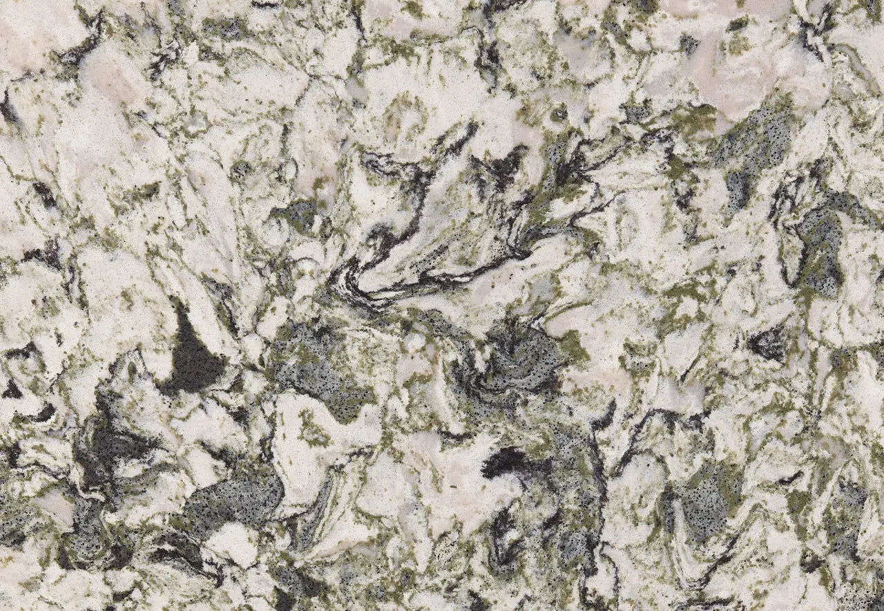 Sherwood granite slab with swirled cream, gray and olive green veining and polished finish — elegant stone countertops installed by Signature Stone Las Vegas