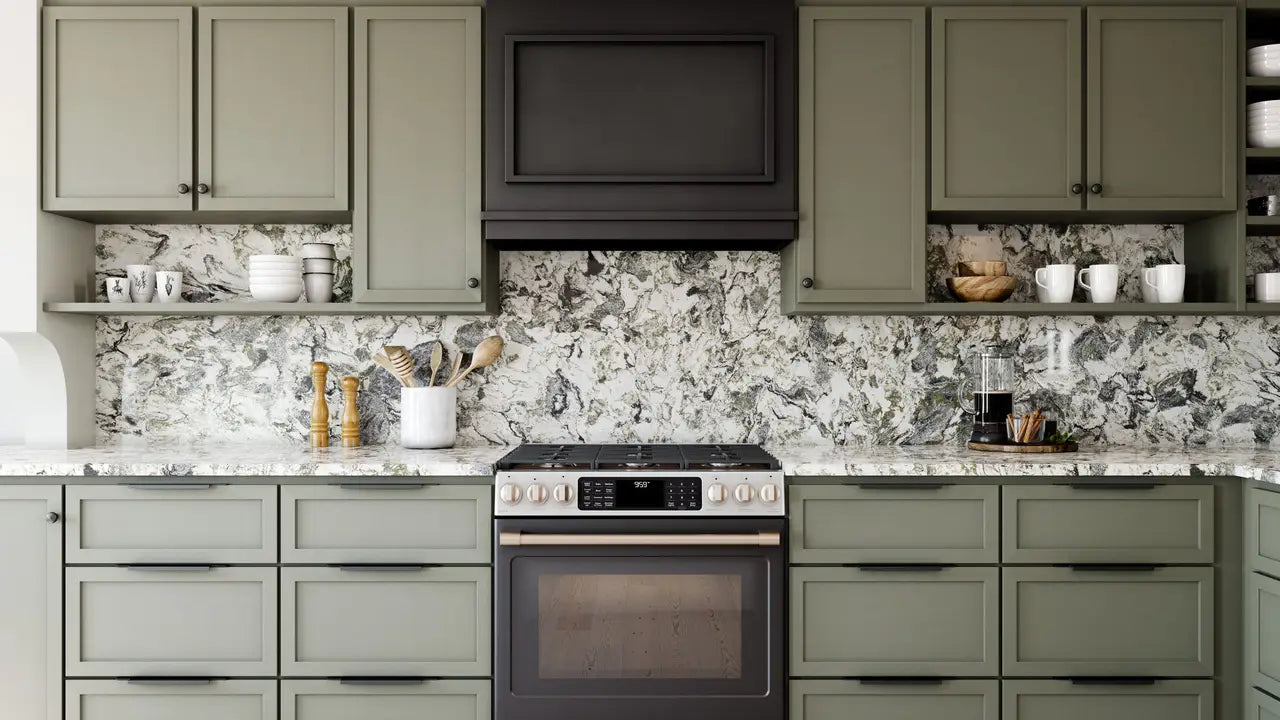 Sherwood quartz kitchen countertops with dramatic white and gray veining and polished finish — elegant stone countertops installed by Signature Stone Las Vegas