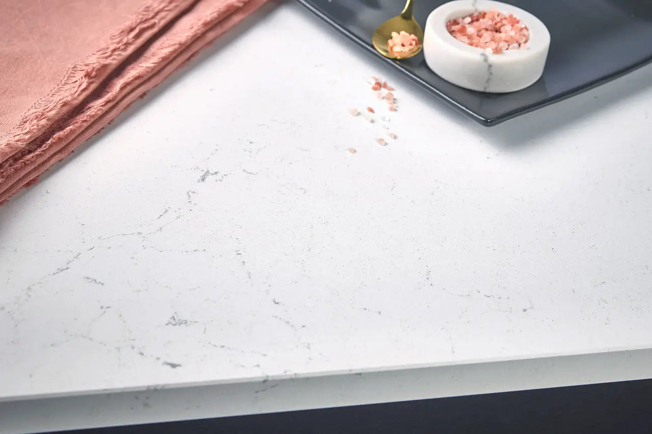 Marble kitchen countertop with white base and gray veining — custom countertops fabricated and installed by Signature Stone LV