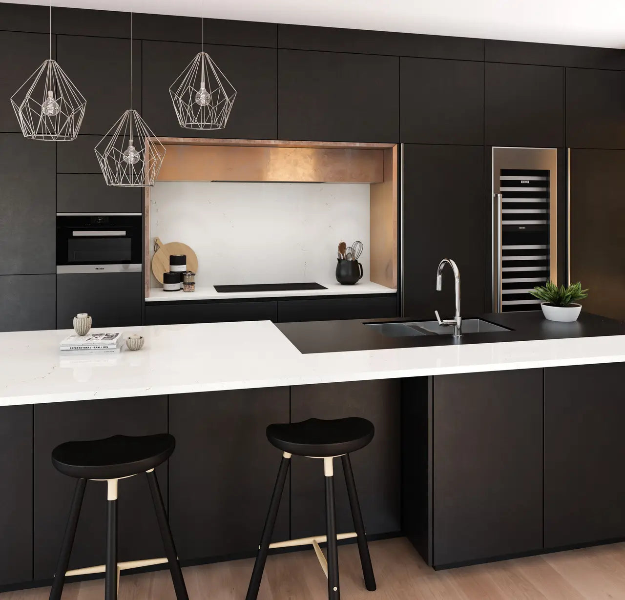 Quartz kitchen island with white veined surface and sleek edges — modern stone countertops installed by Signature Stone Las Vegas