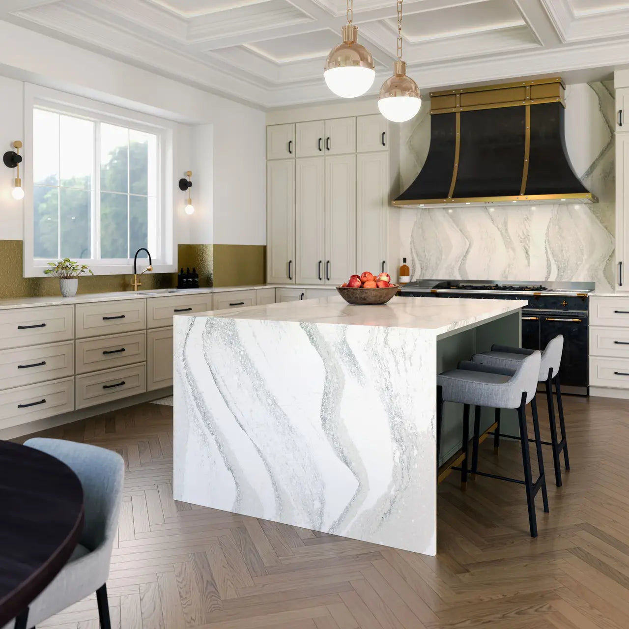 Quartz kitchen island with dramatic white veining and waterfall edge — elegant stone countertops installed by Signature Stone Las Vegas
