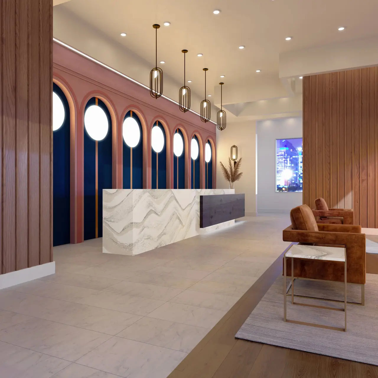 Calacatta marble reception desk with dramatic white veining and waterfall edge — luxury stone countertops installed by Signature Stone Las Vegas