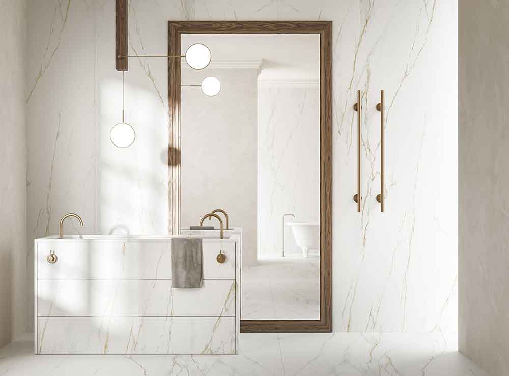 Statuario Dorato marble bathroom vanity with white and gold veining — elegant stone countertops installed by Signature Stone Las Vegas
