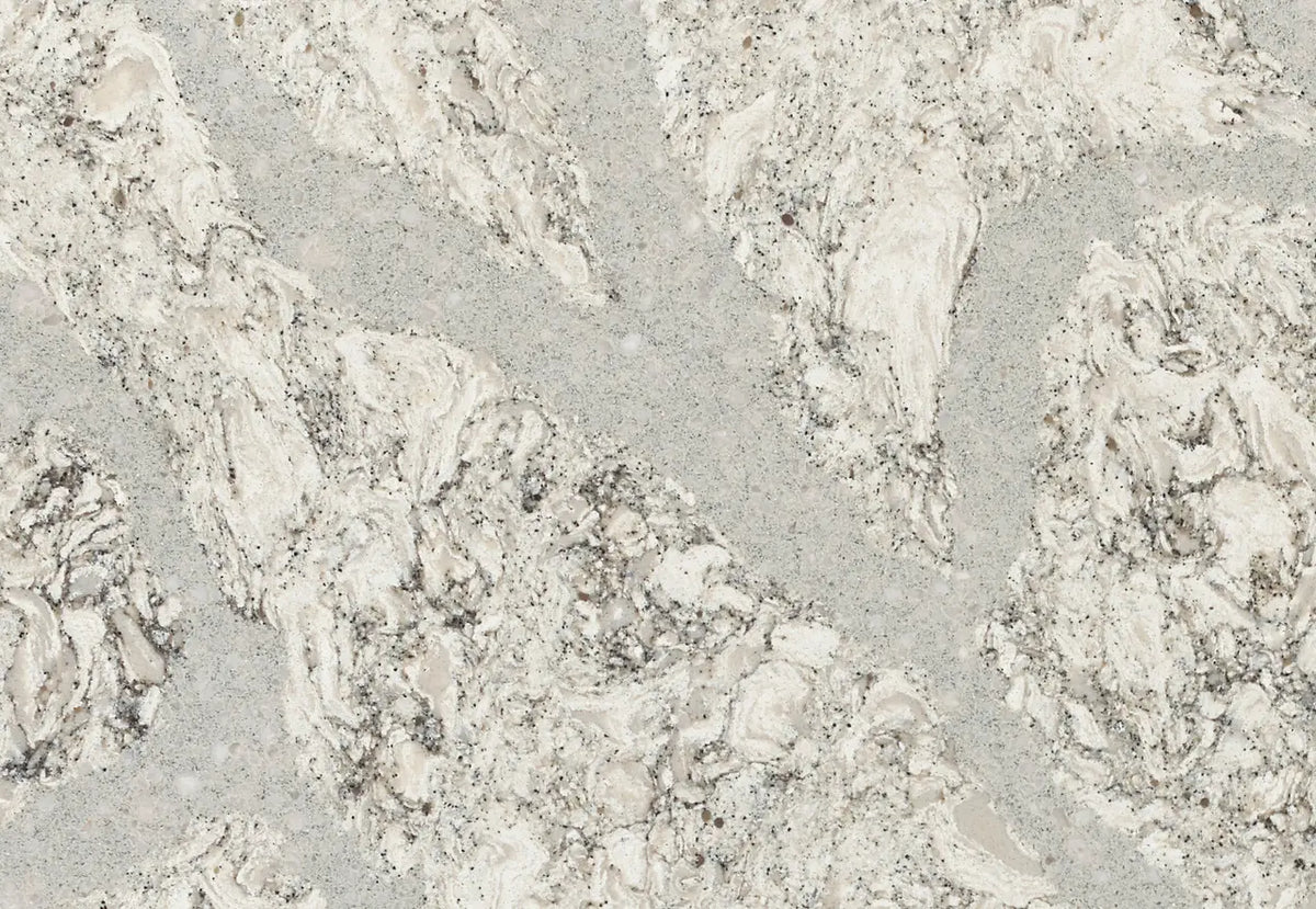 Summerhill quartz surface with light gray base and white fossil-like veining — custom countertops fabricated and installed by Signature Stone LV