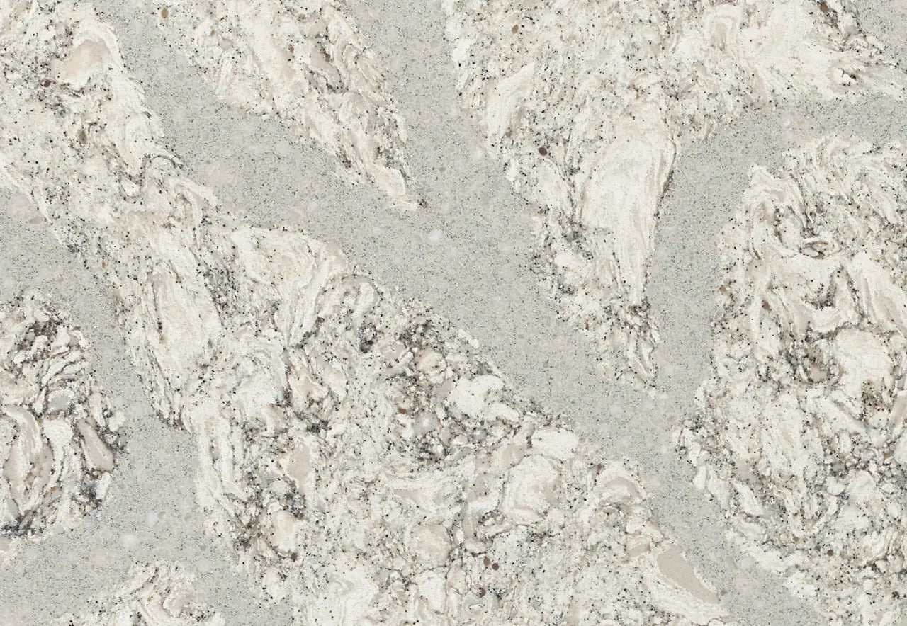 Summerhill quartz surface with light gray base and white fossil-like veining — custom countertops fabricated and installed by Signature Stone LV