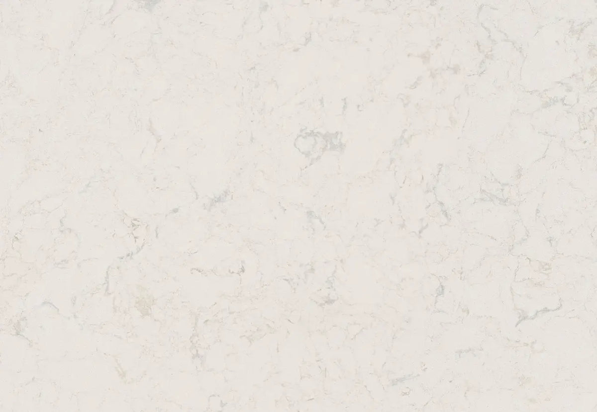 Torquay quartz kitchen countertops with cream background and subtle veining — custom countertops fabricated and installed by Signature Stone LV