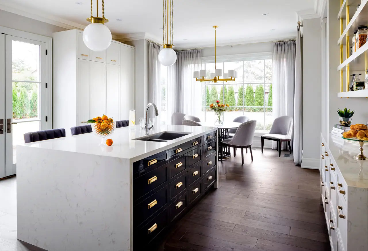 Torquay quartz kitchen island and perimeter countertops with white finish and clean edges — premium stone countertops installed by Signature Stone Las Vegas