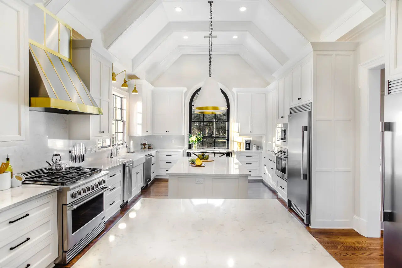 Torquay quartz kitchen countertops with white finish and polished surface — custom countertops fabricated and installed by Signature Stone LV