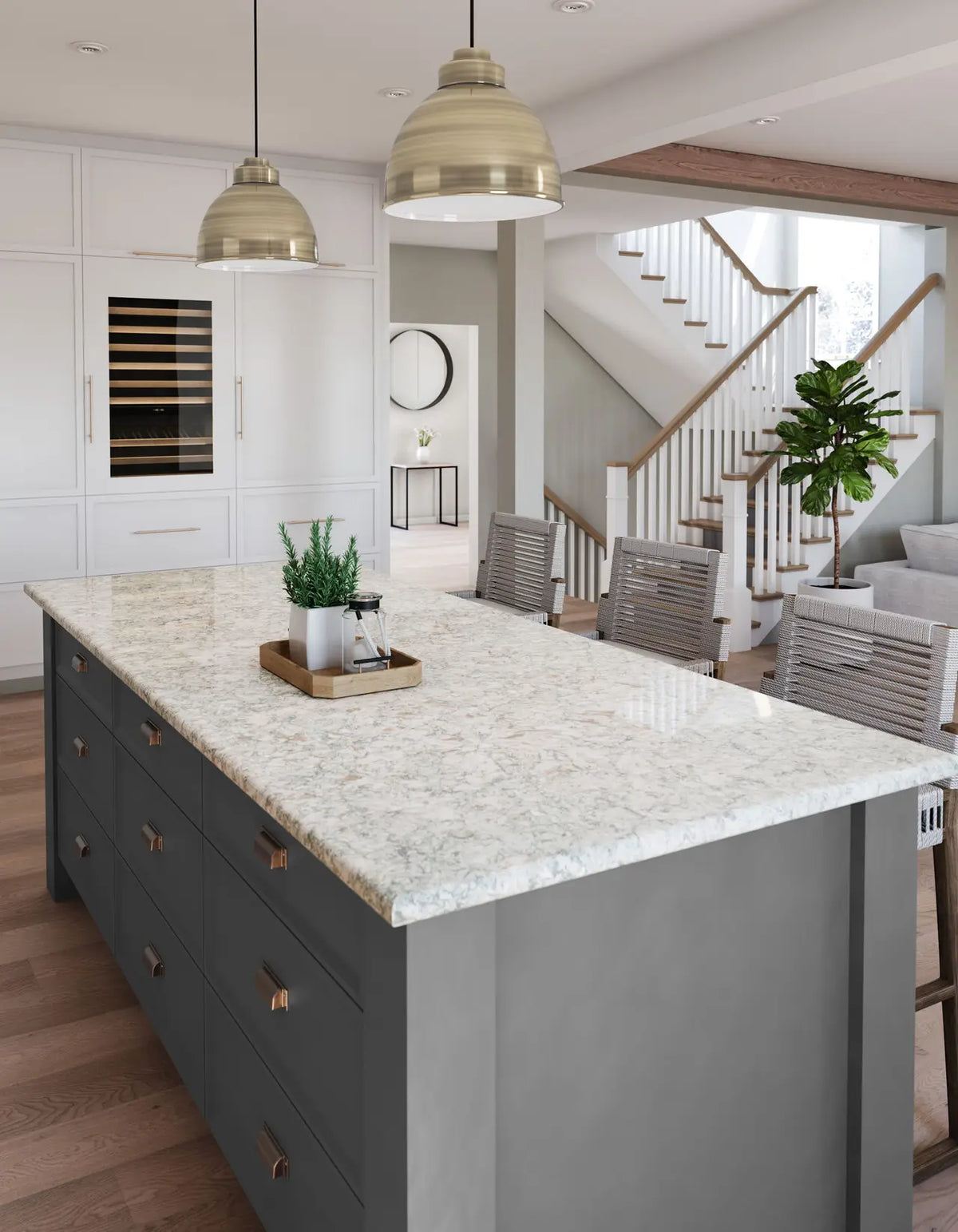 Trafalgar quartz kitchen island with light gray veining and polished finish — elegant stone countertops installed by Signature Stone Las Vegas