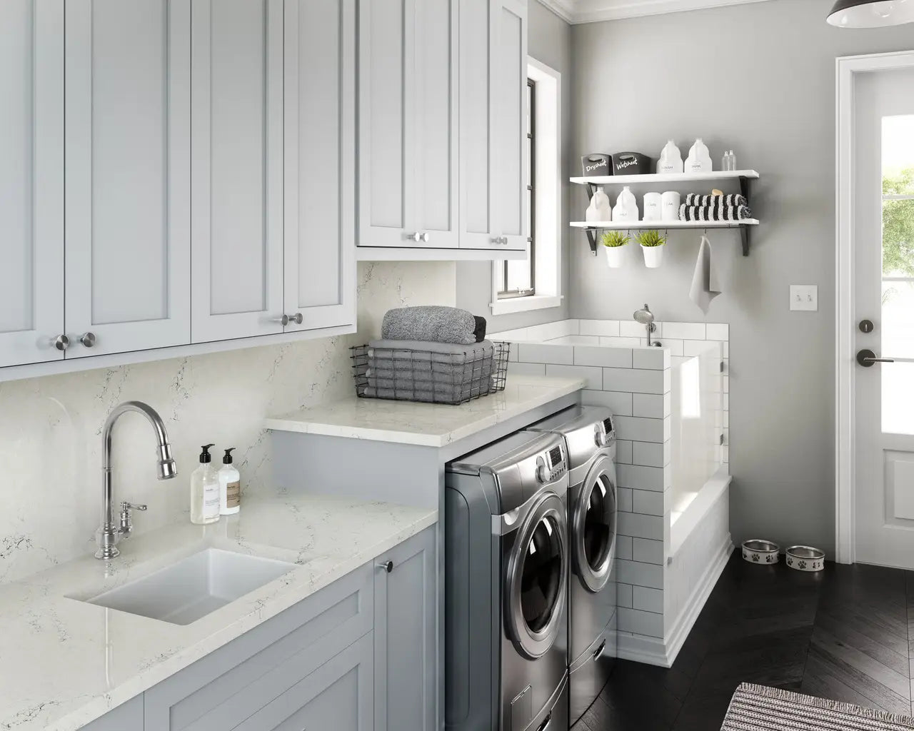 Travella quartz laundry room countertops with white veining and clean edges — premium stone countertops installed by Signature Stone Las Vegas