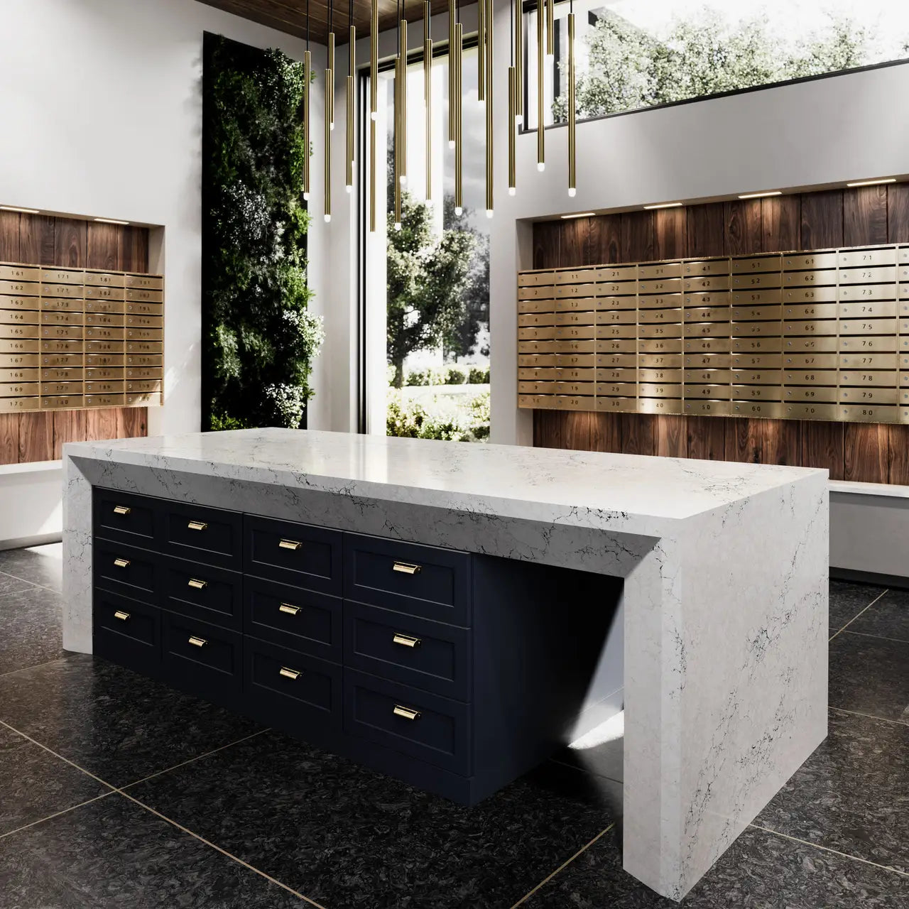 Travella quartz kitchen island with waterfall edge and white marble veining — premium stone countertops installed by Signature Stone Las Vegas