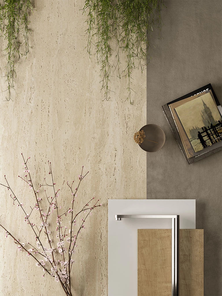 Travertino Sand stone surface with warm beige tones and natural texture — elegant custom countertops fabricated and installed by Signature Stone LV