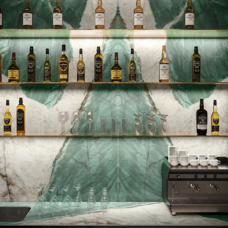 Exotic marble bar shelving with striking green and white veining and polished finish — premium countertop fabrication by Signature Stone Las Vegas