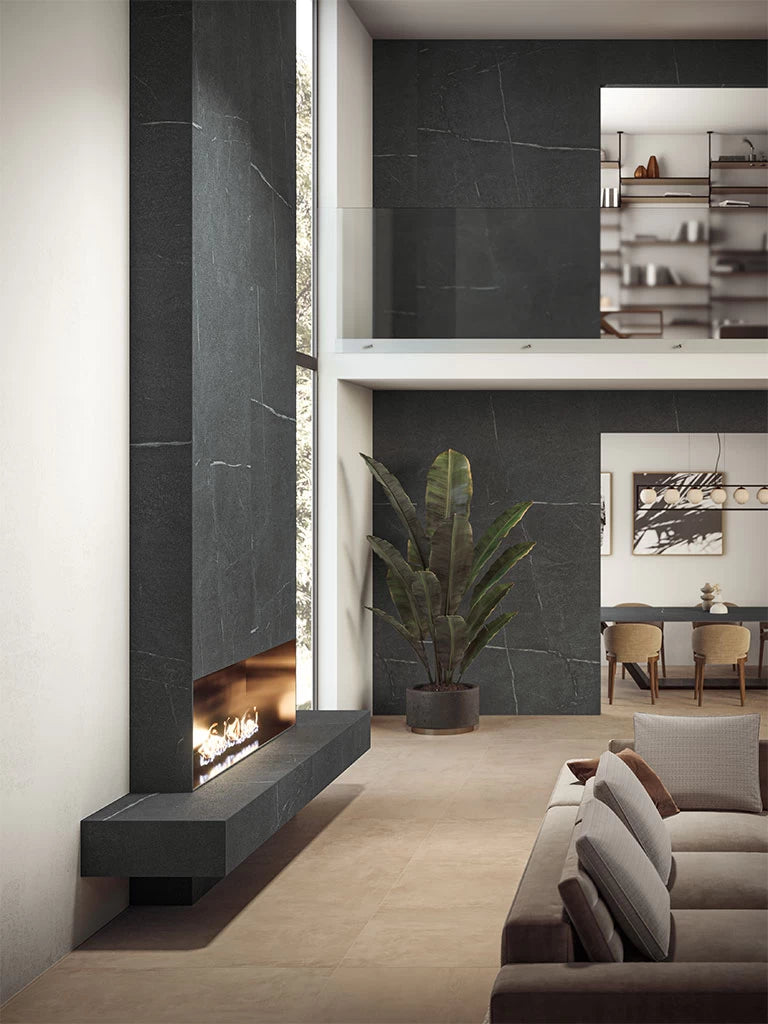 Soapstone Dark fireplace surround with rich black veining and matte finish — custom countertops fabricated and installed by Signature Stone LV