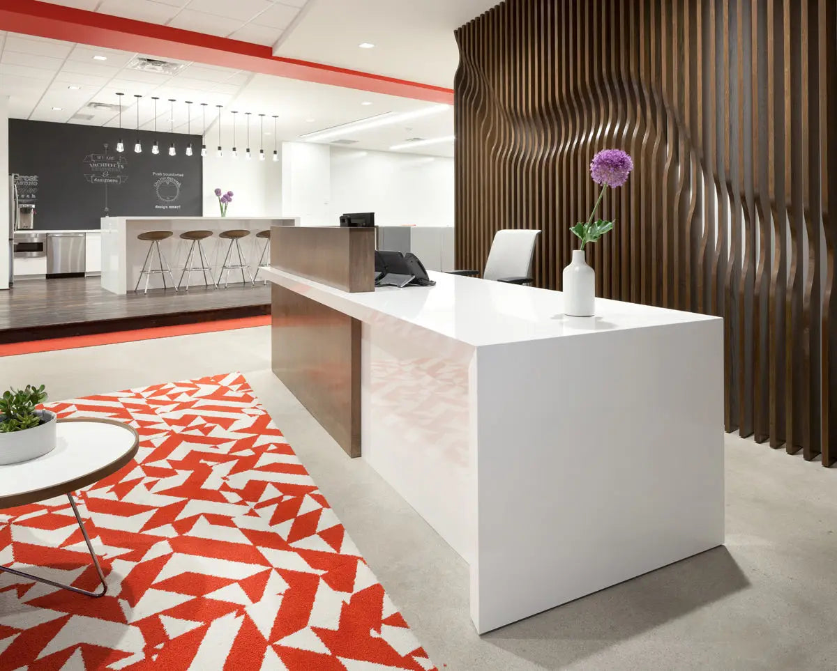 White Cliff quartz reception desk with clean white finish and modern edge detail — premium stone countertops installed by Signature Stone Las Vegas