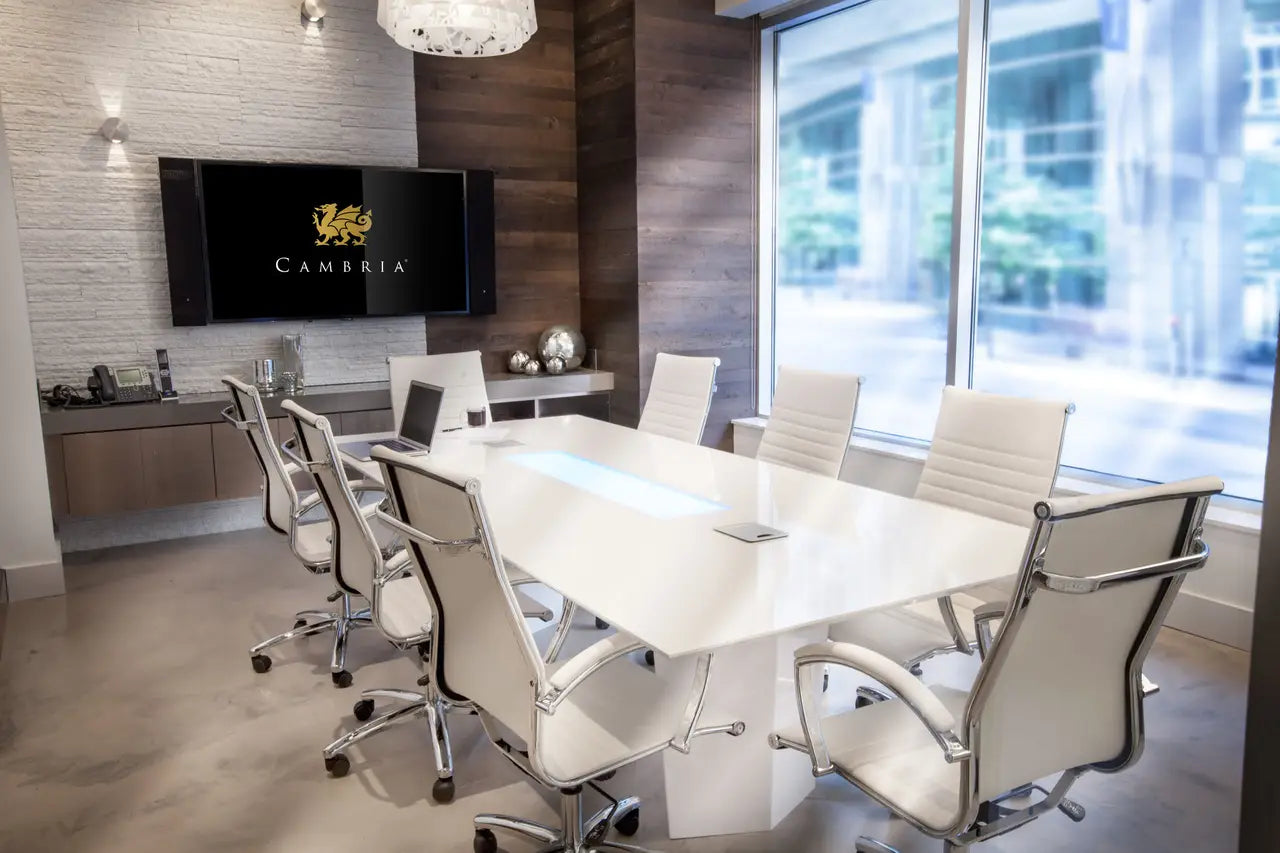 Whitehall quartz conference table with polished white finish and clean edges — premium stone countertops installed by Signature Stone Las Vegas