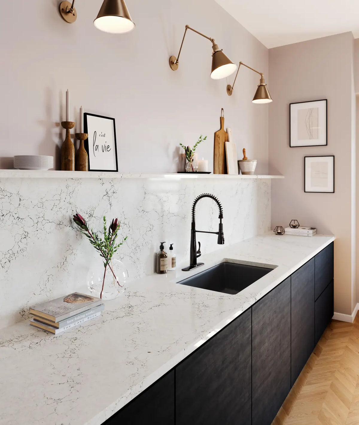 Whitendale quartz kitchen countertops with white marble-look veining and undermount sink — premium stone countertops installed by Signature Stone Las Vegas