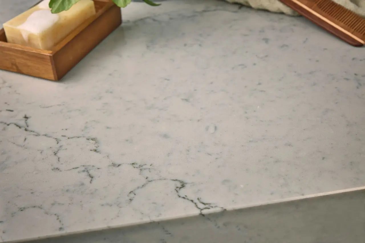 Windrush marble bathroom vanity with white base and gray veining — premium countertop fabrication by Signature Stone Las Vegas